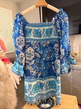 FARM Rio Blue & White Floral Off-Shoulder Dress